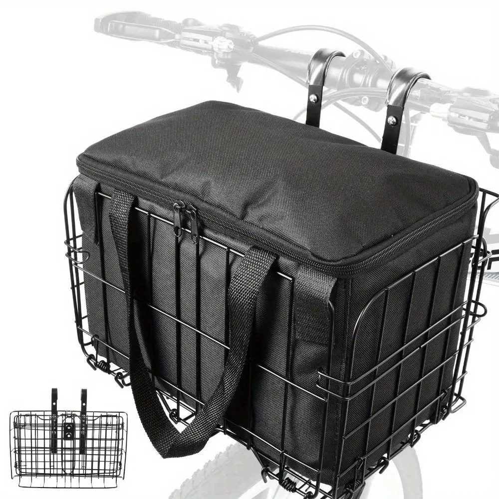 Foldable Front Bike Basket with Removable Liner Bag, Quick Release Rustproof Metal Bicycle Basket, Multi-Purpose Cycling Carrier Organizer for Grocery Shopping Commuting Bicycle Accessories