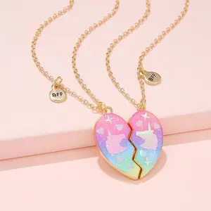 Unicorn Pattern Glitter Heart Pendant Best Friends BFF Friendship Magnetic Necklace for Girls Jewelry Gift