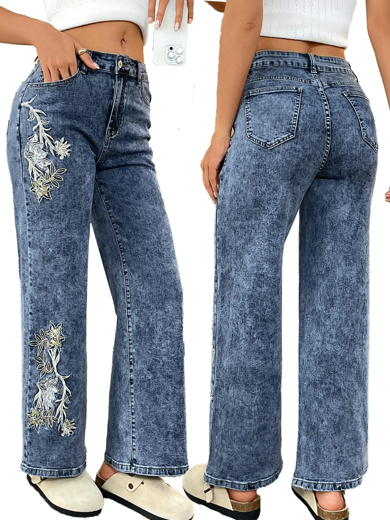 Women's High-Waisted Narrow Leg Pants, Sequin Embellished, Elastic Design, Comfortable, Ethnic Style, All-Season, Versatile Blue Jeans