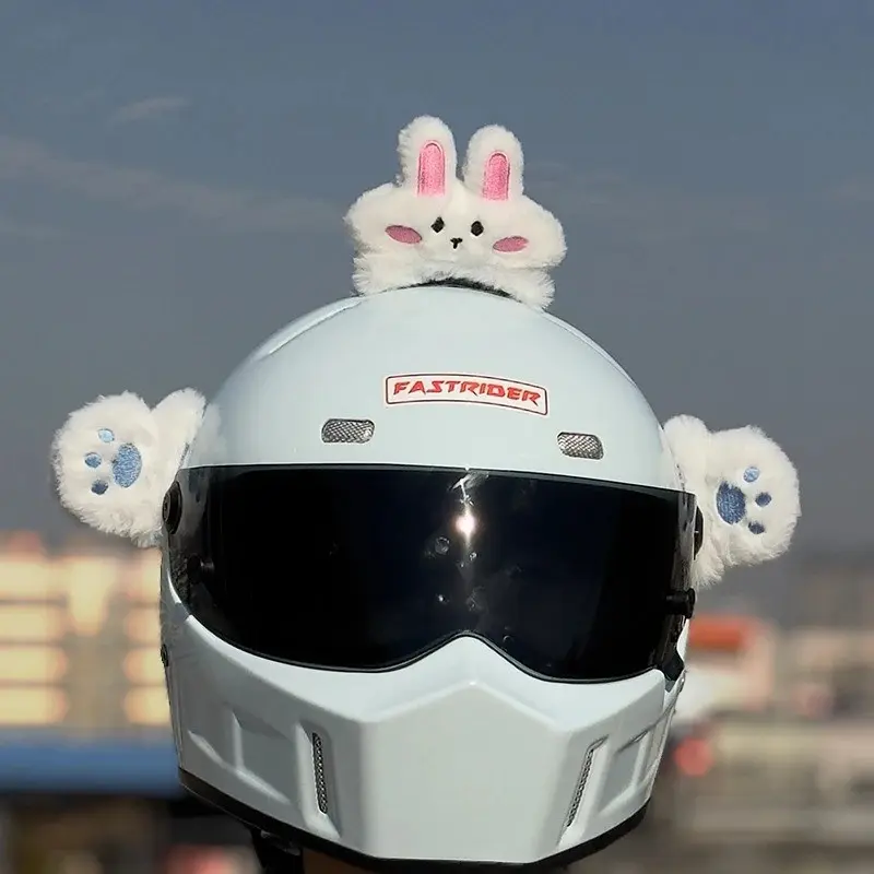 Cute Plush Bunny Helmet Decoration Set, Small Rabbit Doll Bear Paw Ears Motorcycle Electric Bike Helmet Velcro Accessories, Girl Riding Photo Props