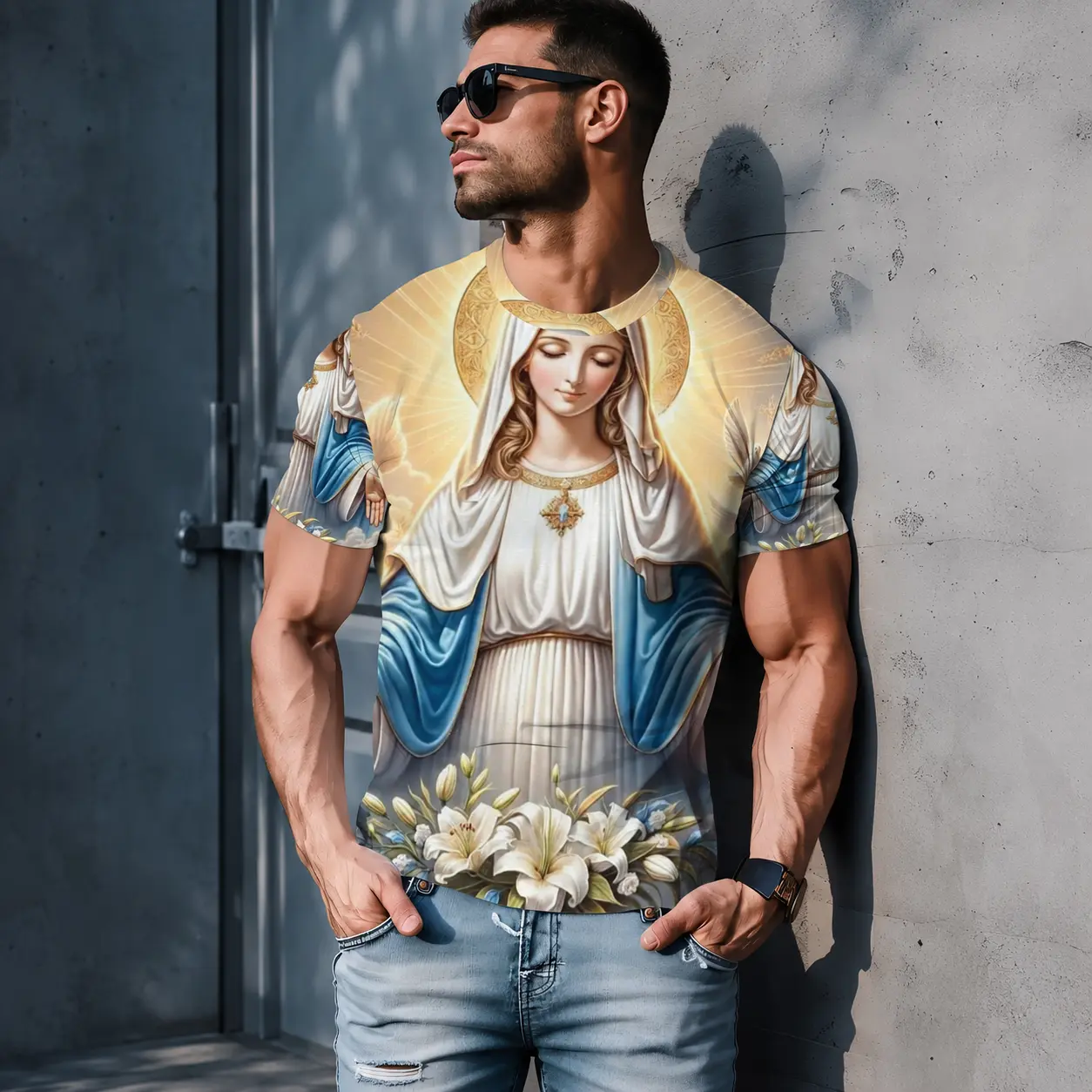 Divine Virgin Mary Graphic T-shirt for Men Religious Christian Inspired Print Perfect for Church Events Spiritual Gatherings Easter Gifts Christmas Presents and Devout Faithful Wearing Ideal for Holy Season Celebrations and Inspirational Daily Wear