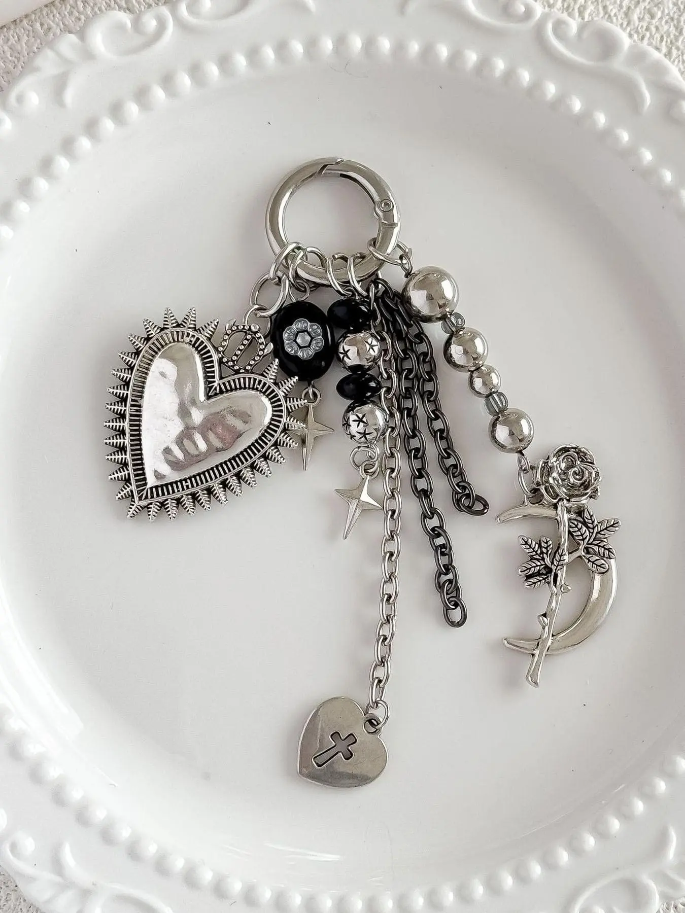 Moon Rose Bag Charm, Silver Tone Cross Star Tassel Keychain, Punk Style Purse Pendant for Women