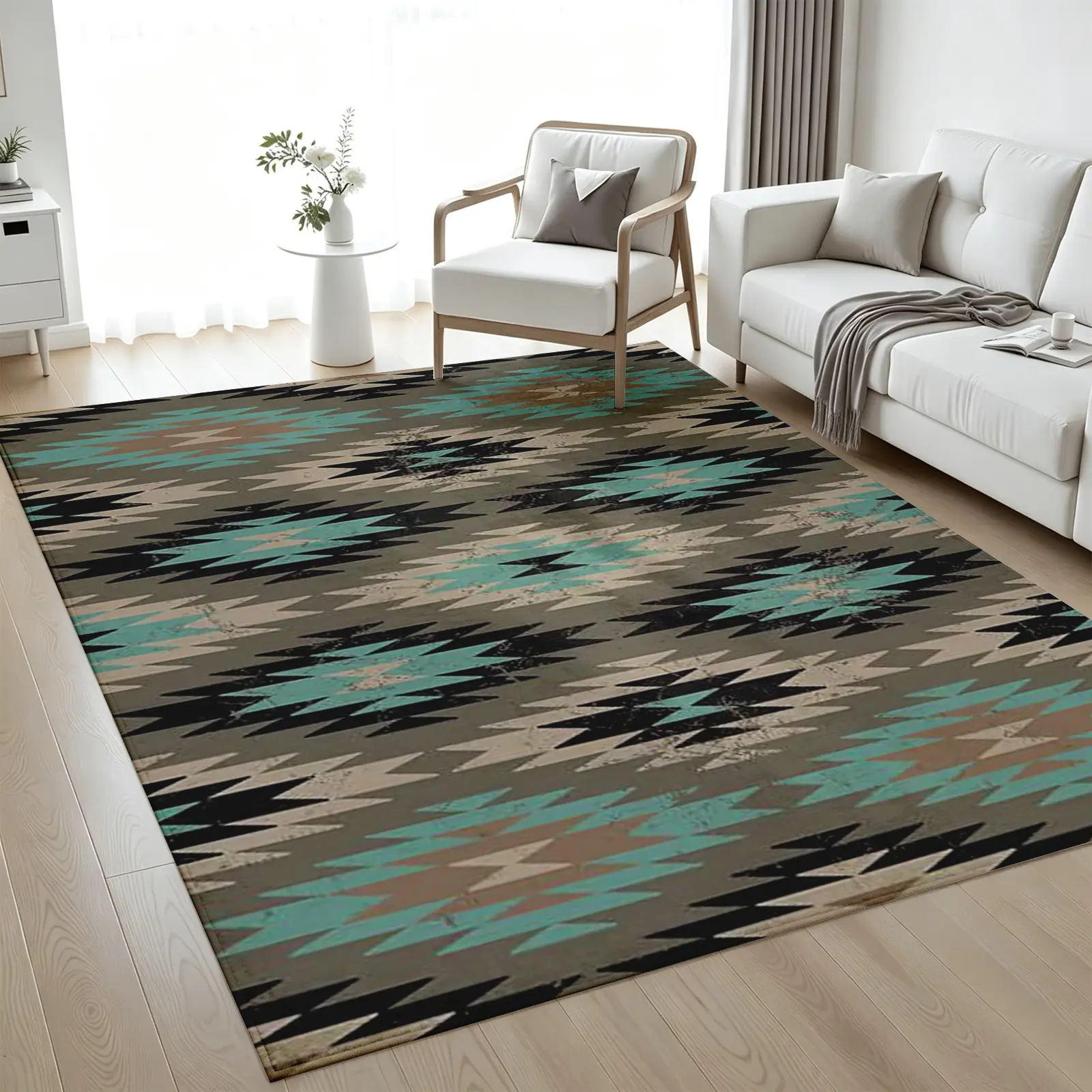 Southwestern Aztec Geometric Area Rug, Low-Pile Plush Non-Slip Machine Washable Carpet with Sturdy Edges, Boho Tribal Room Decor for Living Room Bedroom Dining Room Office, Perfect Housewarming & Home Decor Gift