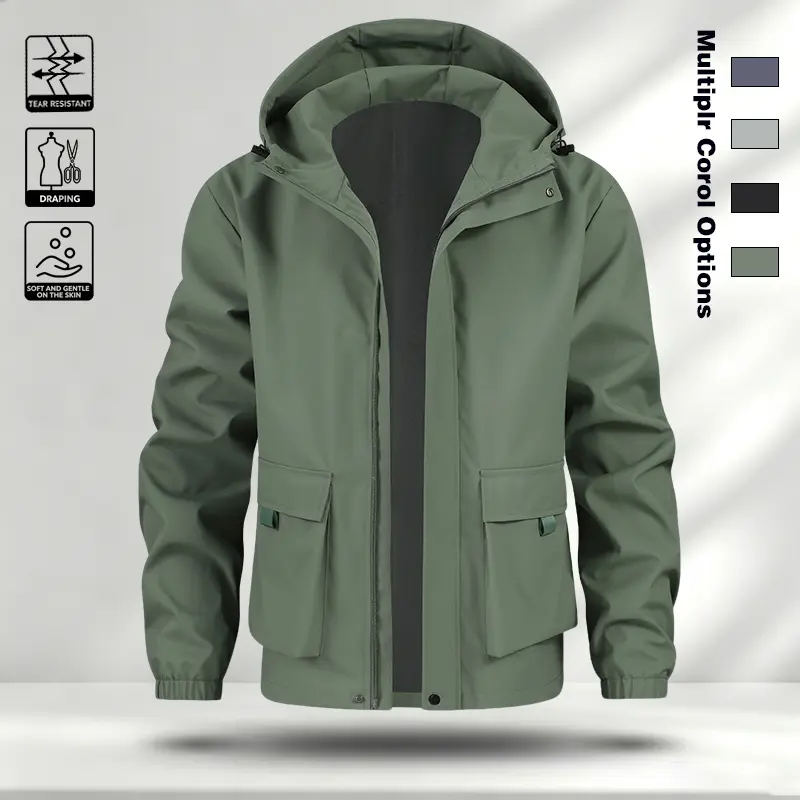 Men's workwear hooded assault jacket, spring and autumn thin design, waterproof and windproof, multiple pockets, loose casual sports jacket