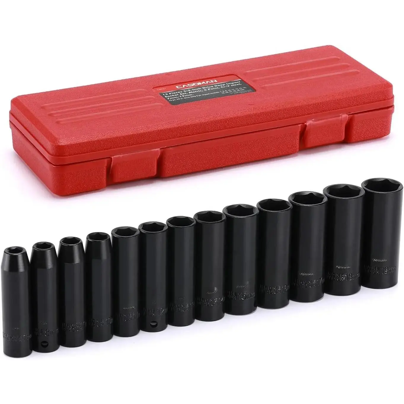 13 count 3/8-Inch Drive Impact Socket Set, 6-Point, Metric, Deep, CR-V, 7mm to 19mm, Heavy Duty Blow Molded Storage Case