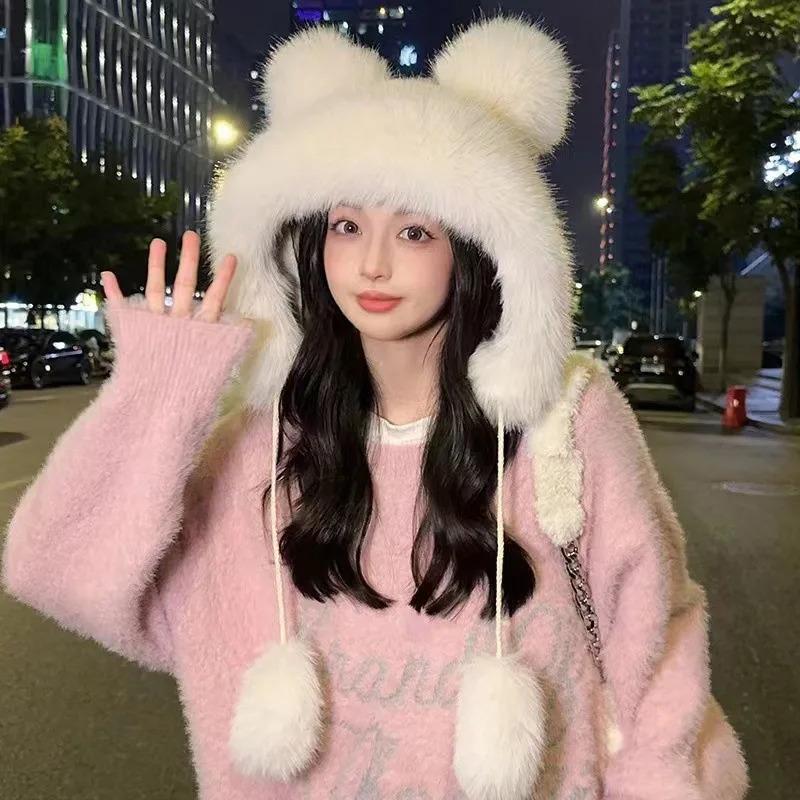 Winter  New Women's Plush Cute Bear Ear Hat ,Thicken and Warm Ear Protection Wind and Snow Hat  Plush Little Bear Lei Feng Hat
