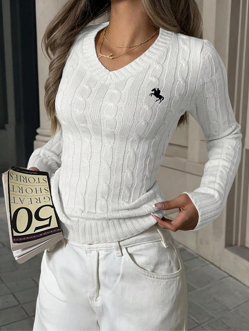 Women's Horse-Embroidered V Neck Sweater Pullover, Casual Long Sleeve Jumper for Spring & Fall, Fashion Women's Knitwear for Daily Wear, Womenswear