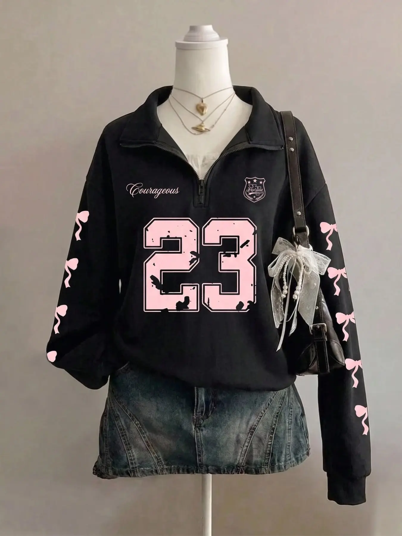Women Half Zip Pullover Sweatshirt, Loose Oversized Fit Graphic Hoodie, Number 23 Print with Bow Pattern Long Sleeve Top, Soft Breathable Casual Knit Sweatshirt, Y2K Vintage Trendy Outfit for Streetwear Daily Going‑out Party Wear, Fashion Ladies Sporty Sw