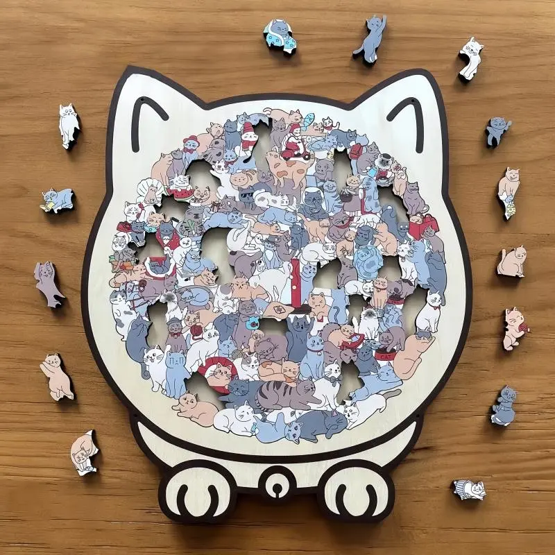 Cat Shape Wooden Puzzle, Cartoon Cat Animal Jigsaw, Adult Stress Relief Handmade Educational Puzzle Gift, Unique Brain Teaser Toy