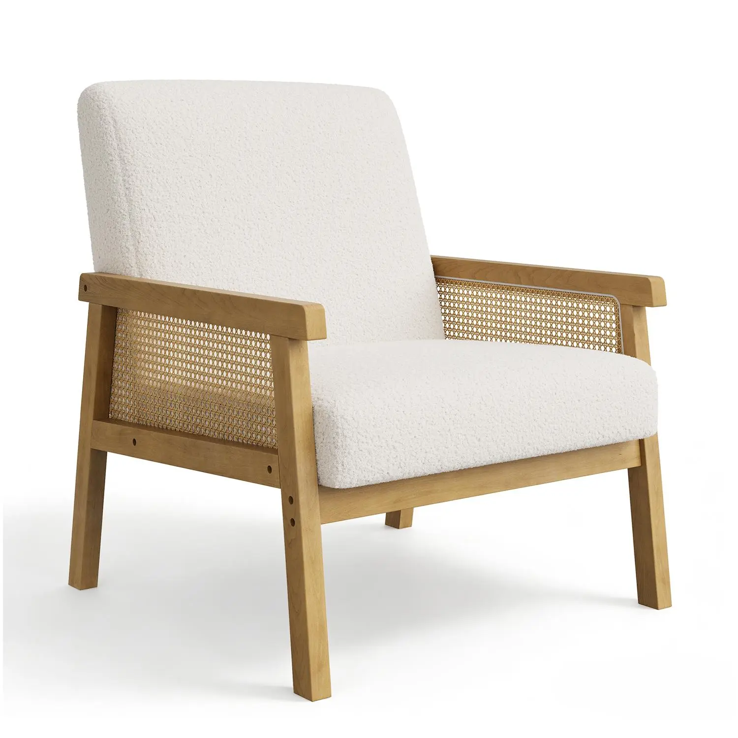 Modern Accent Chair - Upholstered Single High-Back Armchair with Handwoven Rattan Weave Arms, Wooden Frame, Bohemian Look - Ideal for Living Room, Bedroom (White)