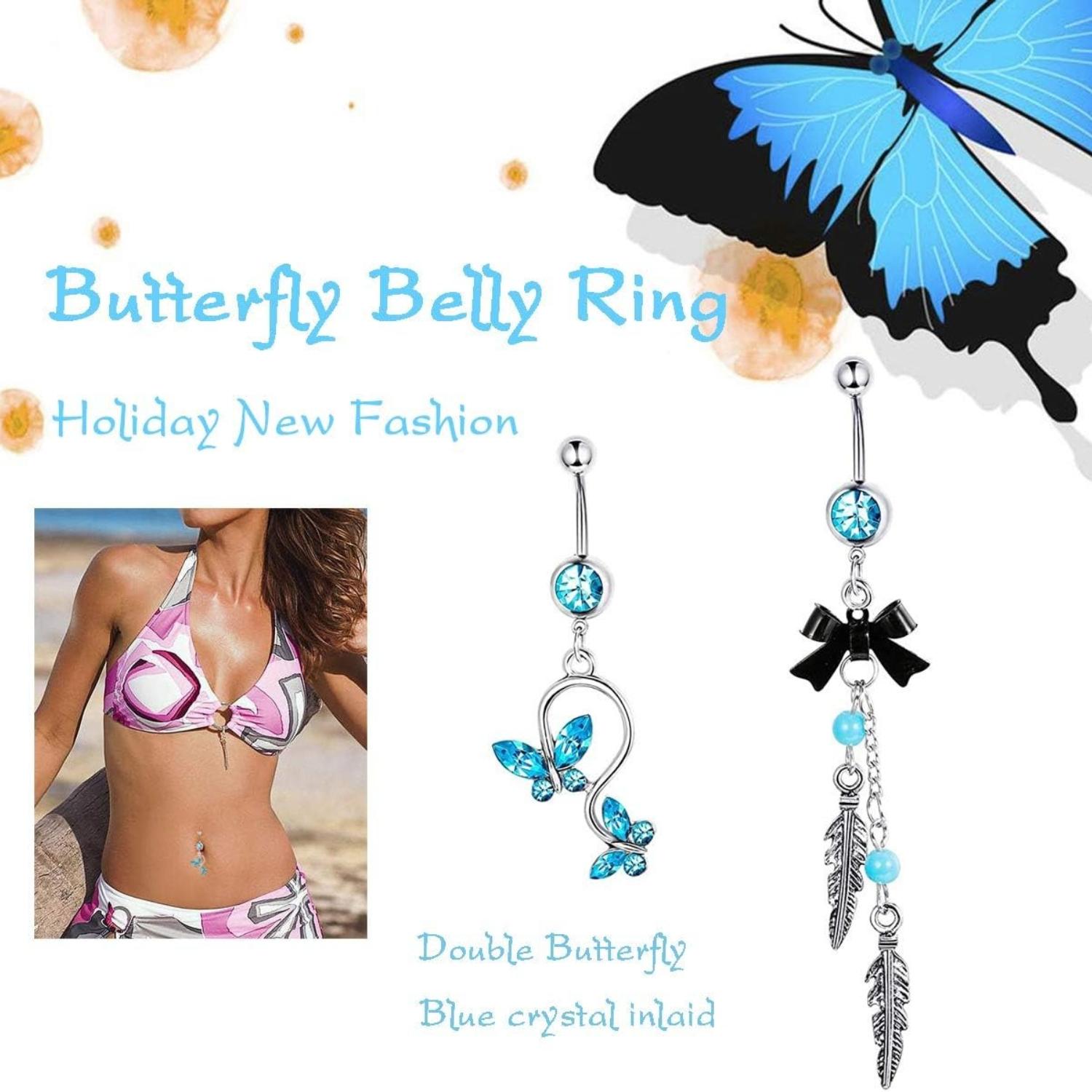 13Pcs 14G Stainless Steel Belly Ring Set  Summer Beach Body Jewelry | Butterfly, Flower & Dangle Navel Rings Waterproof & Sensitive Skin Friendly