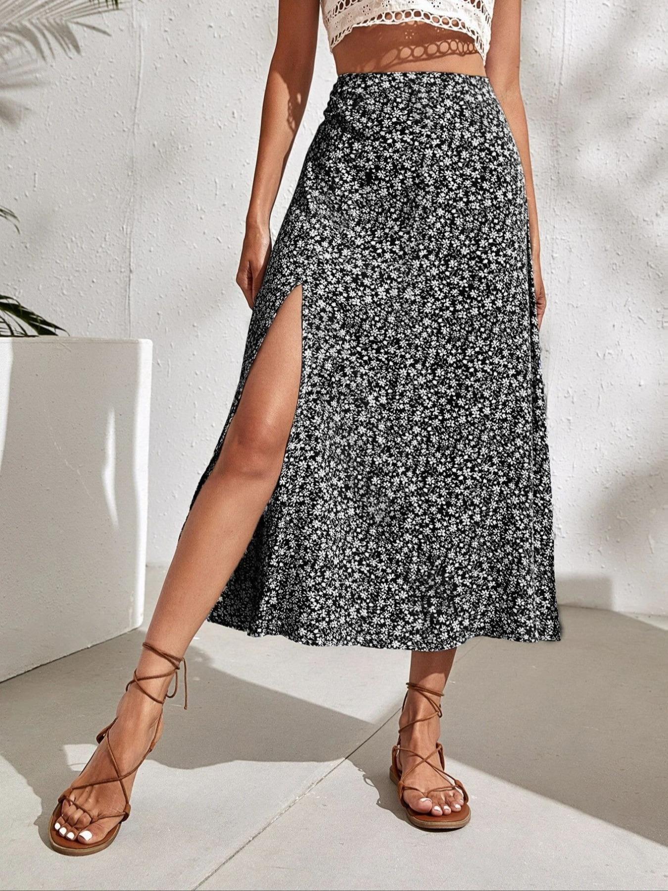 Women's Ditsy Floral Print Split Thigh A Line Skirt, Boho Bohemian Casual High Waist Midi Skirt for Beach Holiday Vacation, Summer Outfits 2024, Ladies Summer Clothes, Womenswear Bottom