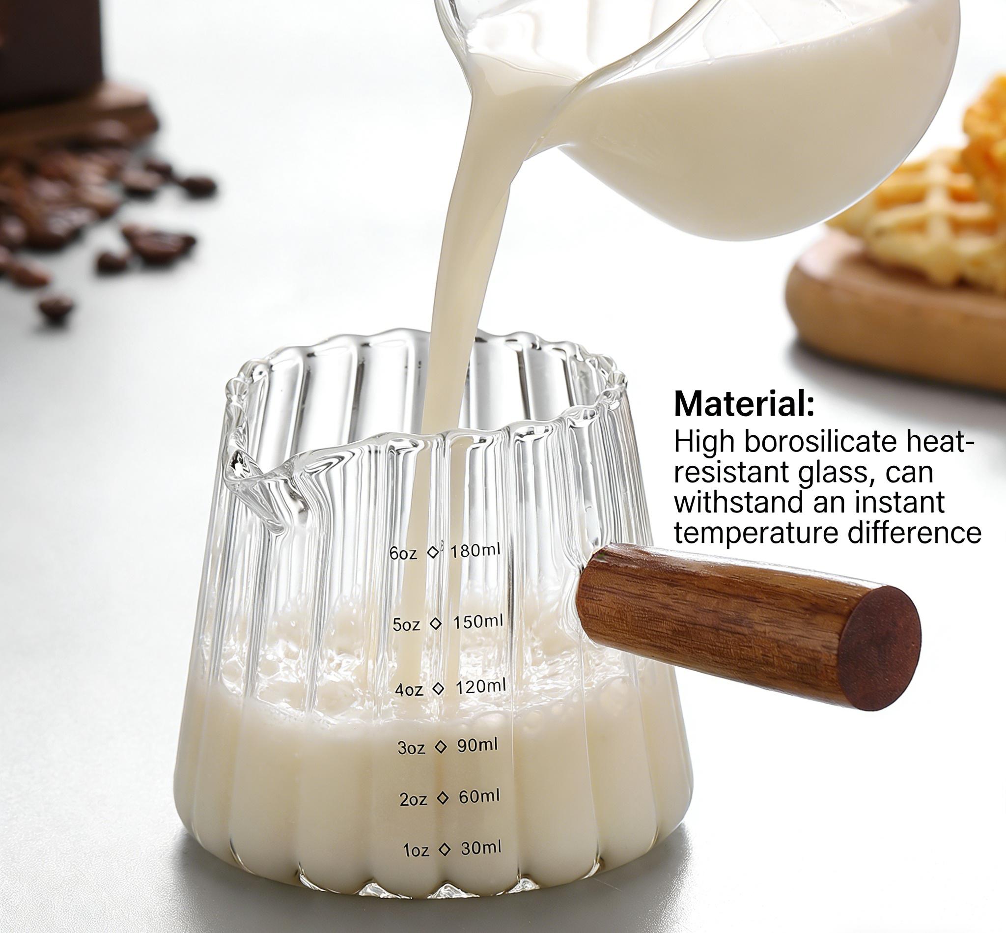 Premium Borosilicate Glass Creamer Pitcher with Wooden Handle| 180ml Heat-Resistant Coffee Milk Jug| 120°C Thermal Shock Resistant, No Cracking