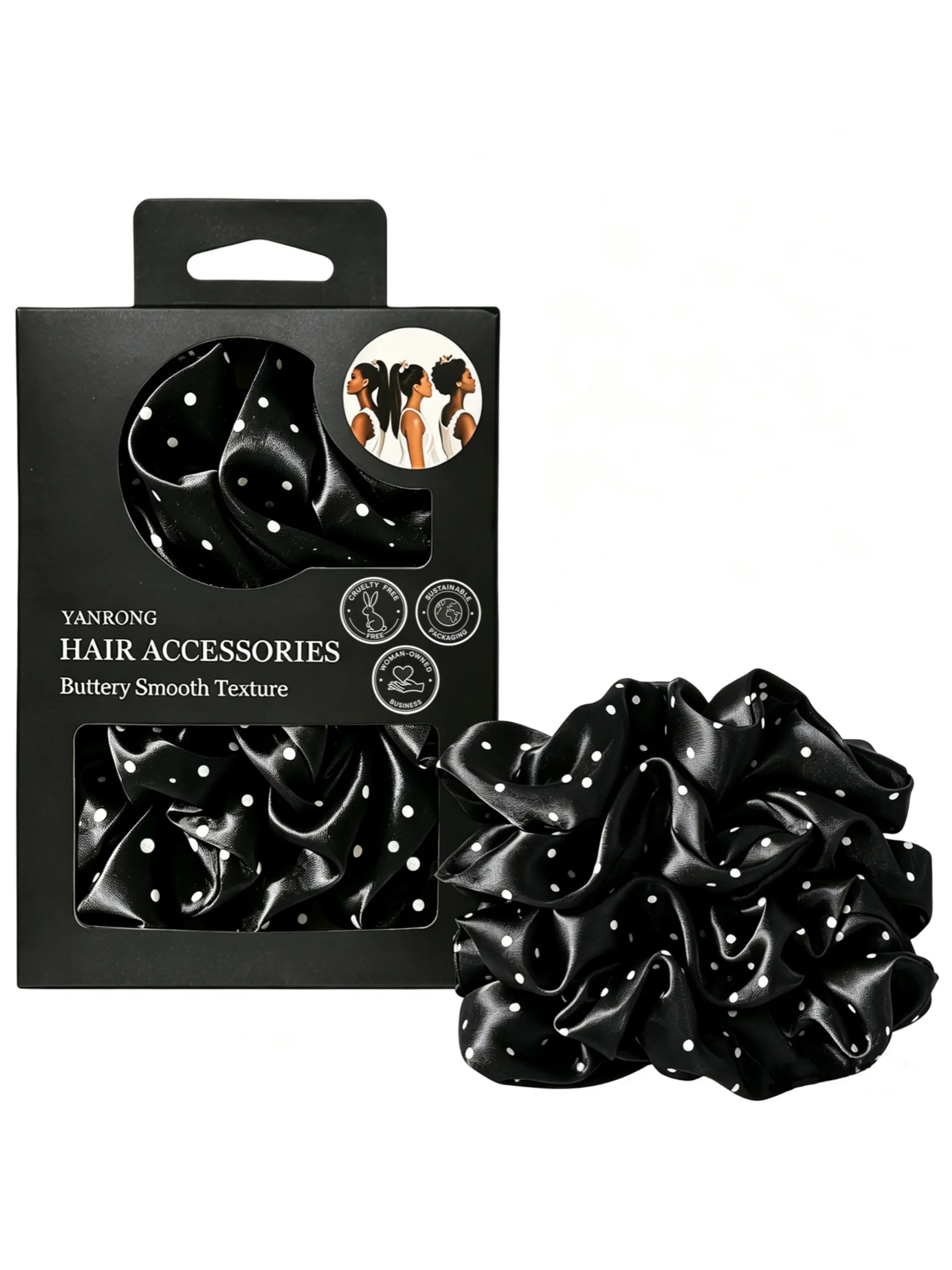 4PCS Vintage Black White Polka Dot Satin Scrunchies, Buttery Smooth Silk Hair Bands, Elegant Hair Accessories with Independent Matte Black Gift Box for Thick Long Hair Women Daily Use.