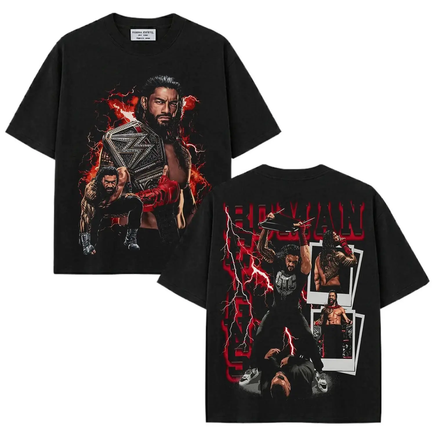 Women's Cotton Short-Sleeve Casual Streetwear Roman Reigns Tribal Chief V2 T-Shirt, 2-Sided WWE Bootleg Graphic Tee, Bloodline Tattoo Oversized Heavyweight Pro Wrestler Merch Gift, Shortsleeve, Tshirt, Crew Neck, Loose-Fit