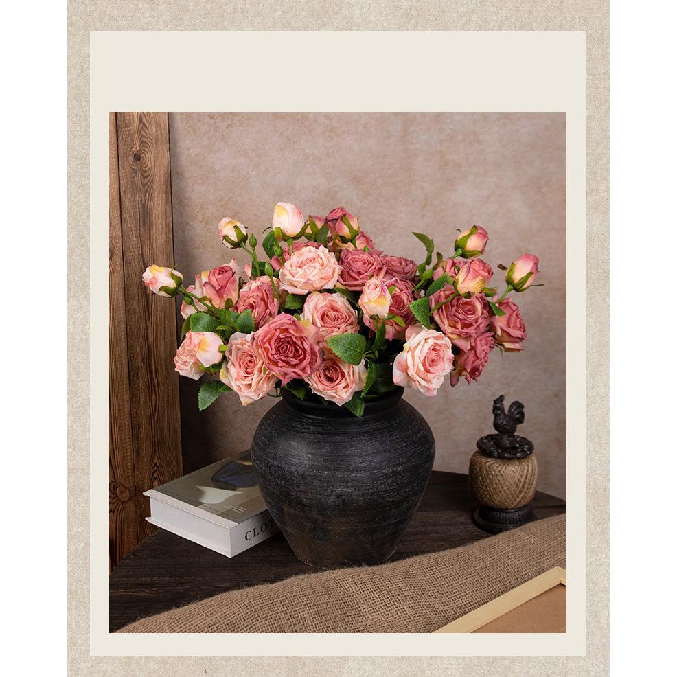 French Style Artificial Single Branch 3-Head Burnt Edge Rose Vintage Home Living Room Decoration Fake Dried Flower Bouquet High-End Feel