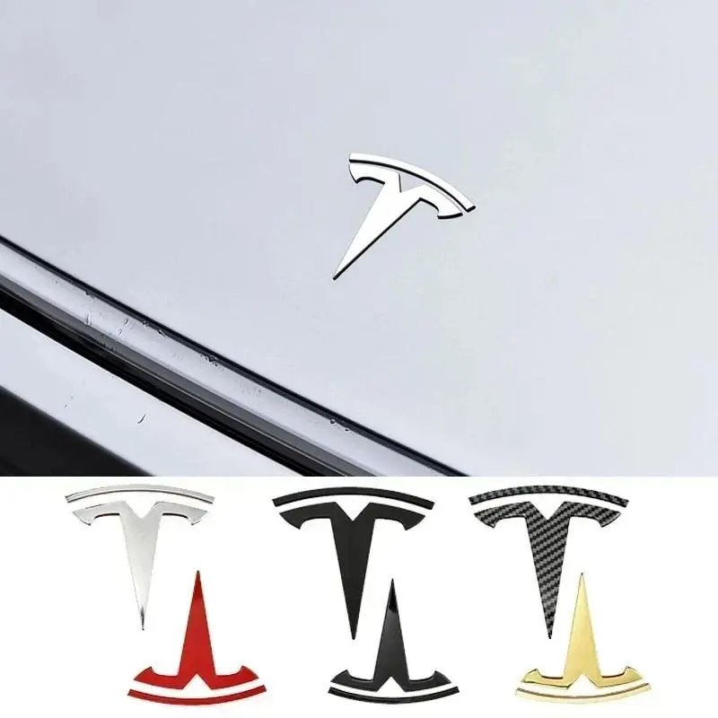 Zinc Alloy 3D Design Decorative Car Emblem Stickers for Tesla Model 3-Model Y, 8x7.7cm Glossy Black Front Hood & Carbon Fiber Rear Trunk Styling Accessories, Car Front Hood Logo Sticker
