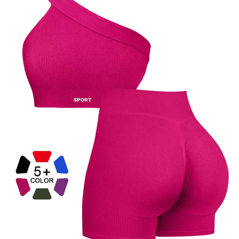 Women's Sporty Fitness Set, Fitness Outfits, Athletic Clothing Set, Asymmetrical Tank Top + Shorts, Elastic Breathable Bra and Pants, Yoga, Pilates, Running, Gym Training, Athletic Workout Set