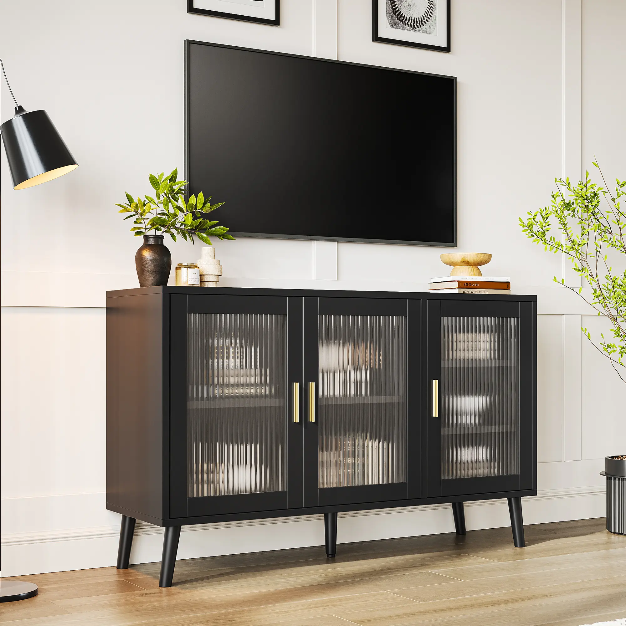 Modern Fluted Glass Sideboard Buffet Cabinet with Storage - 48 Inch Dining Room Console - Versatile for Kitchen, Living Room, TV Stand or Coffee Bar - Mid Century Accent Furniture