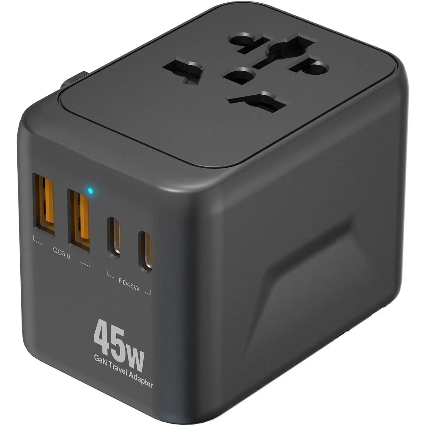 45W GaN Compact Cordless Portable Travel Wall Socket Charger - 5-Port International Adapter, 2 USB-C PD 3.0 Fast, 2 USB-A QC 3.0, AC Outlet, EU/UK/AU Plugs, Overload Safe, 1.93×2.09×2.76 inches, 5.49 oz, for Cellphones, Travelers