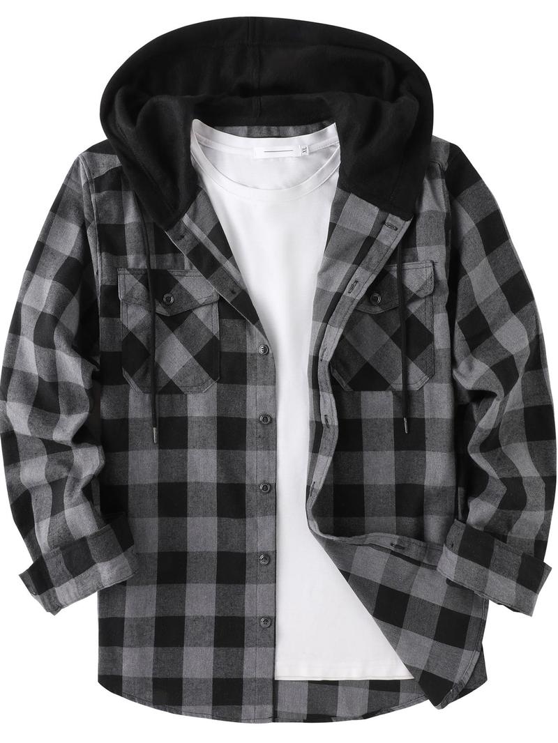 【Plus Size】 Plaid Print Button Front Hooded Shirt, Casual Regular Fit Long Sleeve Top for Daily Outdoor Wear, Men's Clothes for All Seasons