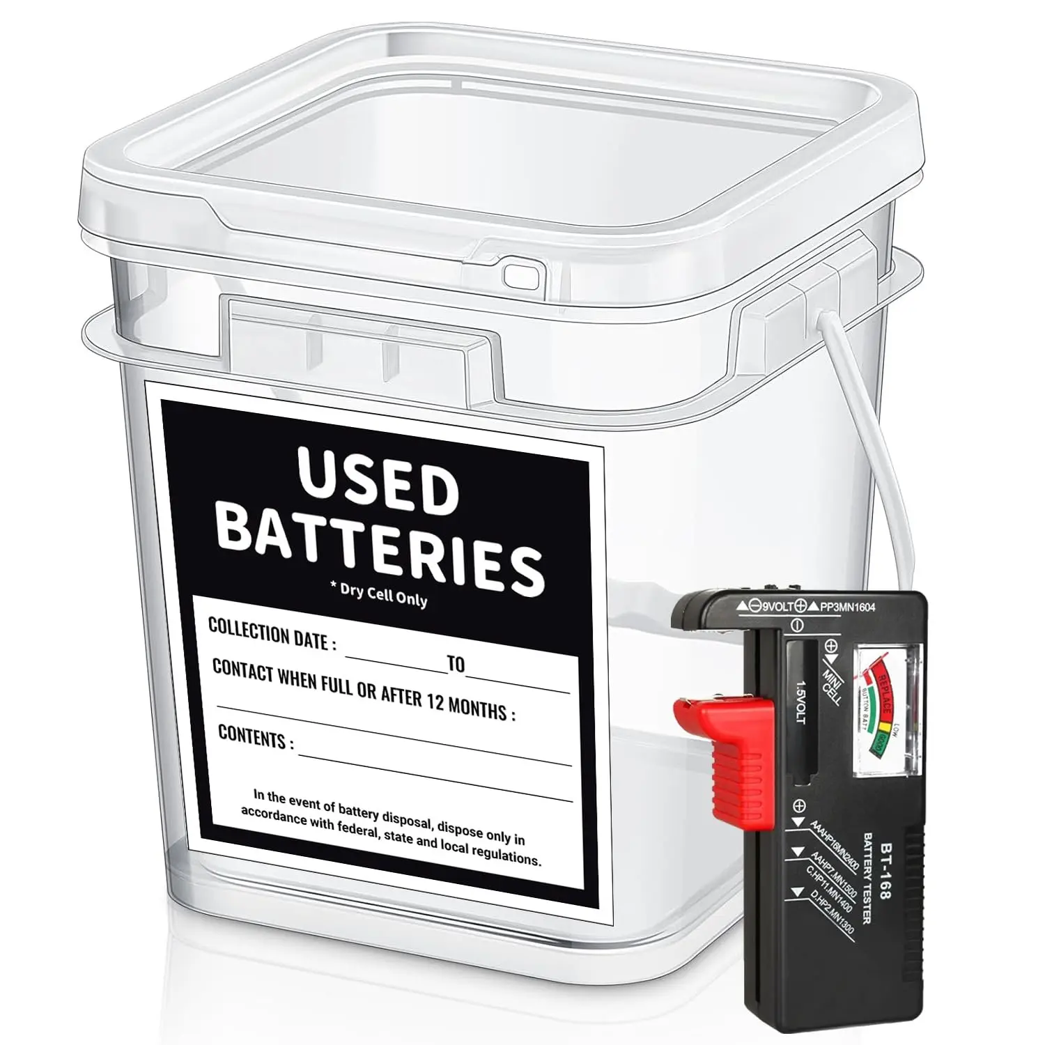 Battery Recycling Container with Battery Testers for Household Batteries, Used Battery Disposal Container with lid for Home Use, Office, Garage, Schools (1.32 Gallon)