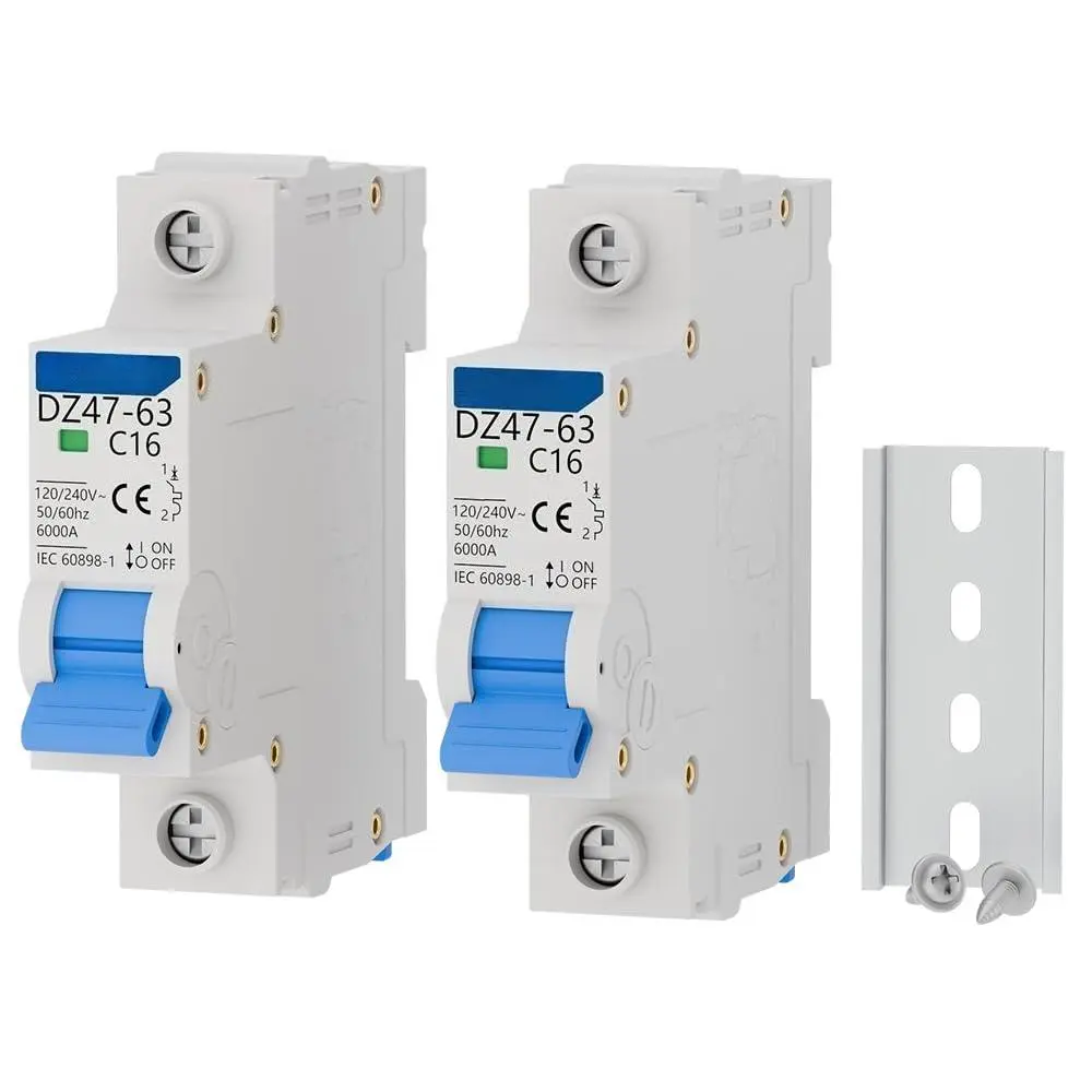 2 Pack Miniature Circuit Breaker, 1 Pole 16 Amp, 120V/240V AC, Thermal Magnetic Trip MCB C16, DIN Rail Mount
