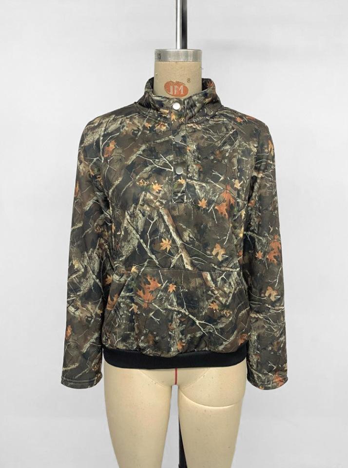 2025 Autumn New Casual Daily Camouflage Maple Leaf Floral Print Pullover Sweatshirt for Women