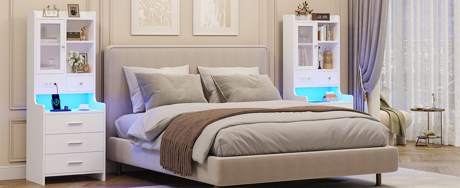 Sikaic LED Tall Nightstand with Glass Door Storage White Modern Accent Tables Modern Furniture Bedside Cabinet