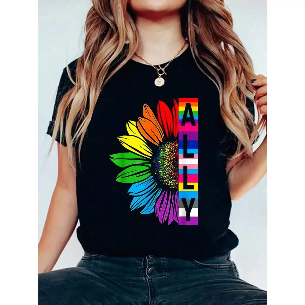 100%  Crew Neck T-Shirts ALLY Sunflower LGBT Flag Gay Pride Month Proud LGBTQ T-Shirt  Print Tshirt For Summer, Women Men Soft Short Sleeve Top, Comfy Tee Shirt For Womens Graphic Tees