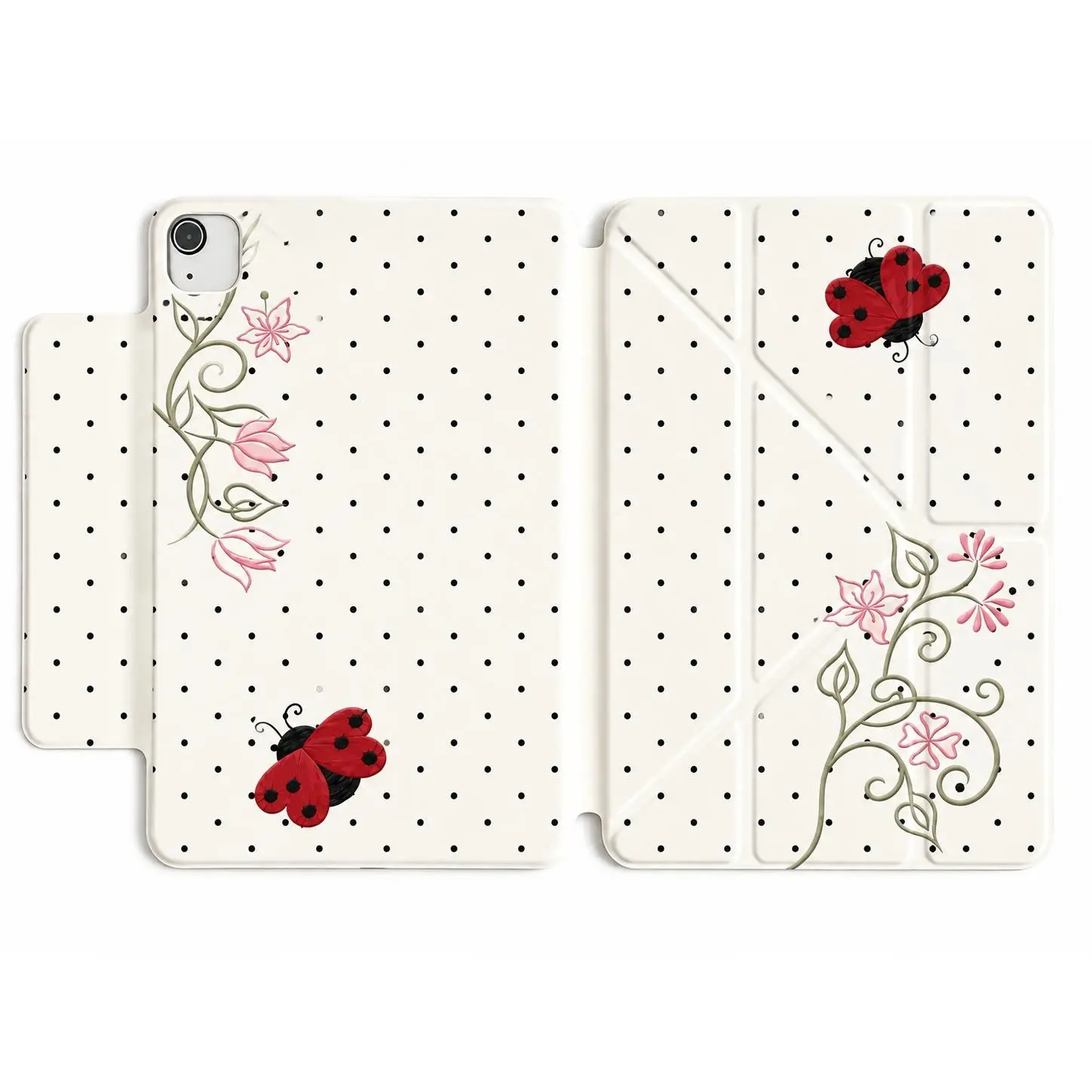 DarlingCase Red Ladybug Floral Polka Dot Print Shockproof iPad Case - Magnetic Detachable, 360 °   Rotatable, with Pencil Holder, Foldable Stand, Protection for iPad A16, Air, Pro 11/13, Mini 6/7, Botanical Tablet Accessory