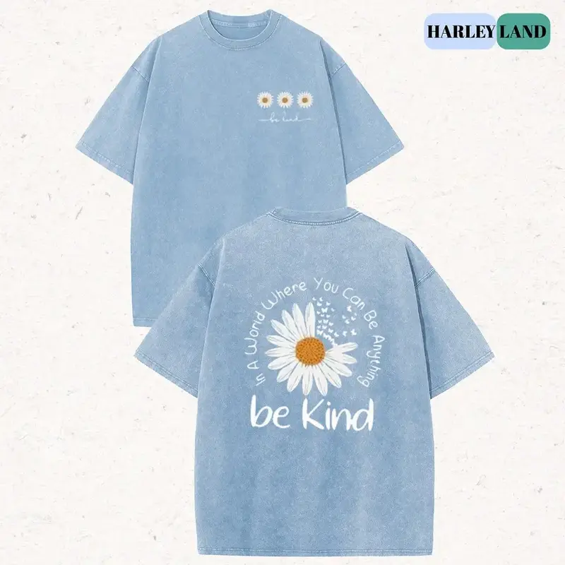 Women's "Be Kind" Daisy Graphic Vintage T-Shirt, Retro Acid Wash   Top with an Oversized Baggy Fit, "Be Kind" Daisy Graphic on Front and Back for Everyday Wear