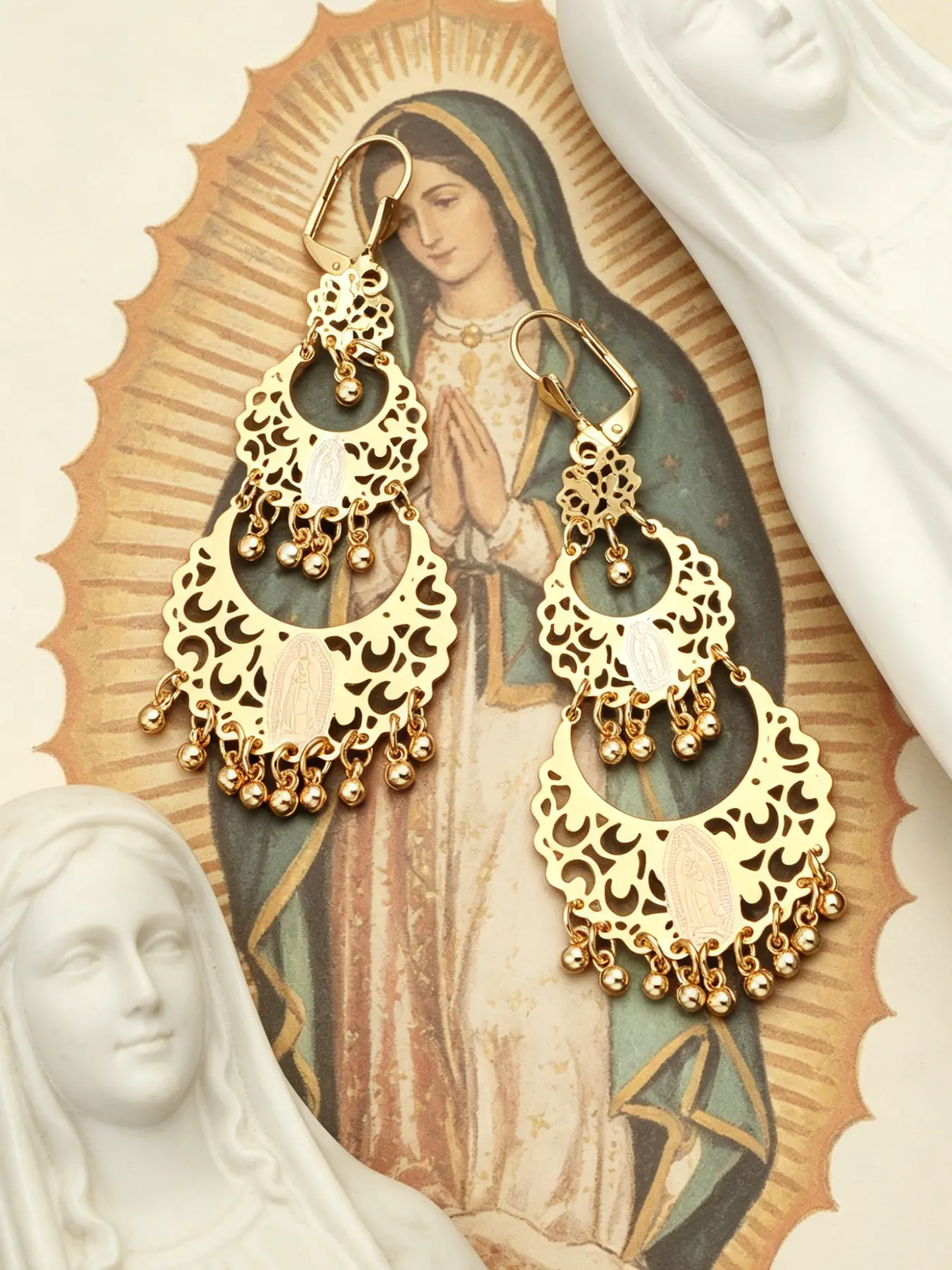 1 Pair/2pcs Retro Classic Ethnic Style Filigree Tassel Bell Dangle Earrings, Dangling Earrings, Bohemian Our Lady of Guadalupe Earring, Catholic Religious Women’s Faith Jewelry, Christmas Nuestra Señora de Guadalupe Filigrea Borsal Bell Pendientes