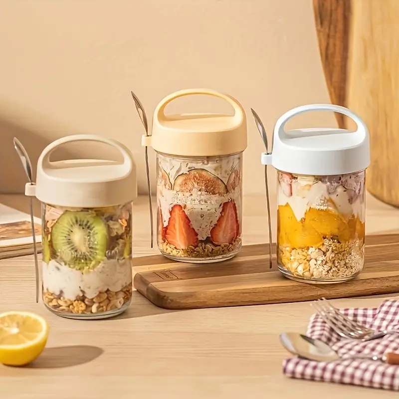 2 Pack Glass Overnight Oats Cups with Lids and Spoon Airtight Large Mouth Yogurt Jars Breakfast Containers for Oatmeal Smoothie Cereal Food Storage