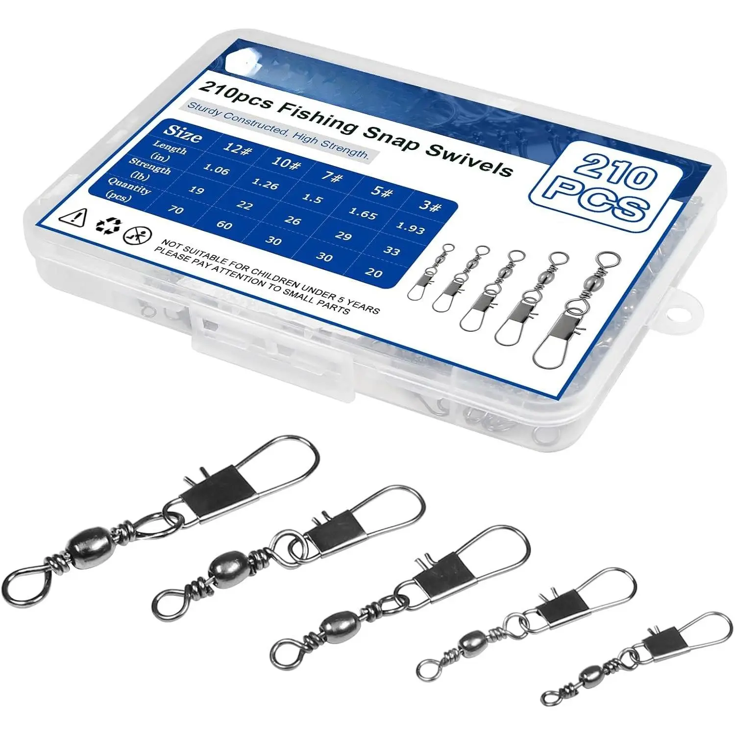 210 count Fishing Swivels, 5 Sizes Barrel Swivels with Snaps | Fishing Swivels Saltwater Freshwater Snap Connector for Quick Connect Fishing Lures