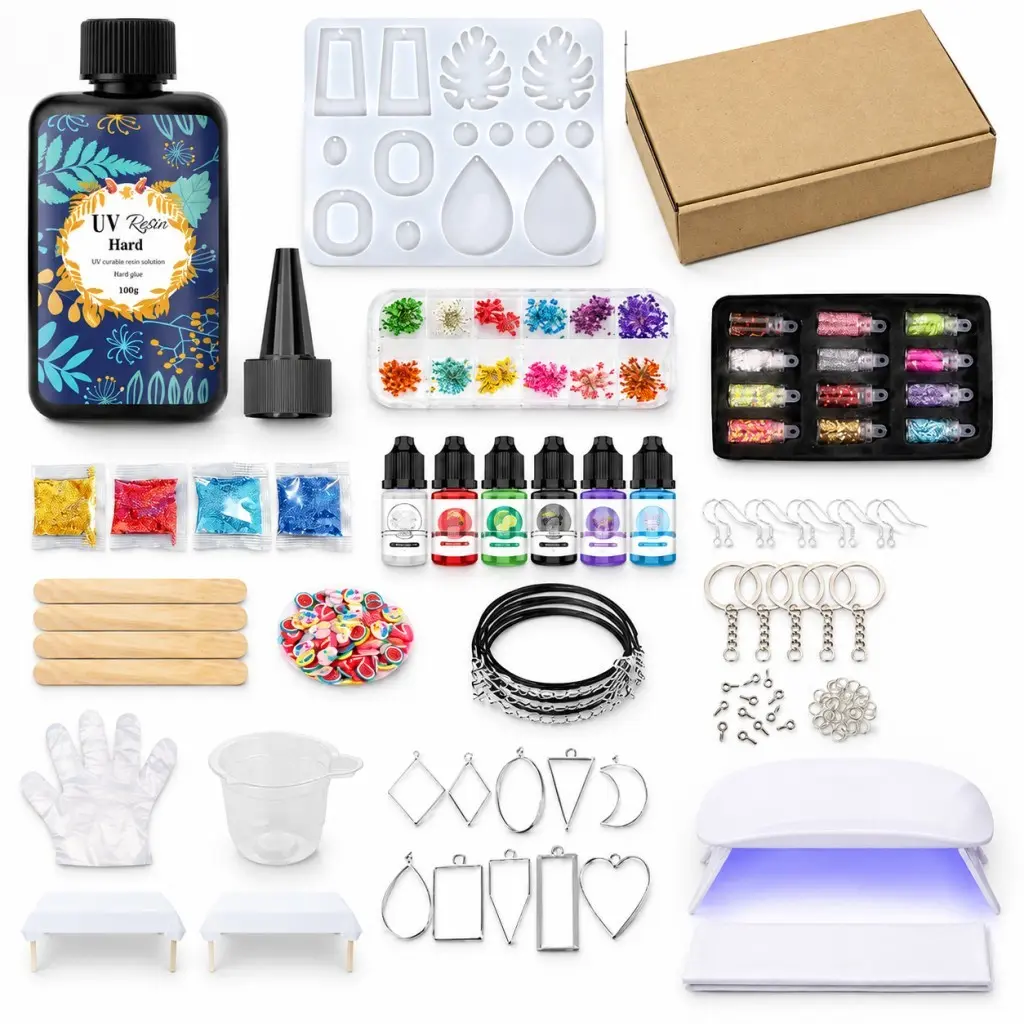 100g UV Resin Jewelry Making Kit, 136Pcs Starter Kit with Light, Crystal Clear, Low Viscosity, Low Odor, Anti-Yellowing, Fast Cure Hard UV Resin for Beginners, Keychain&Earring Making, UV Resin Diy