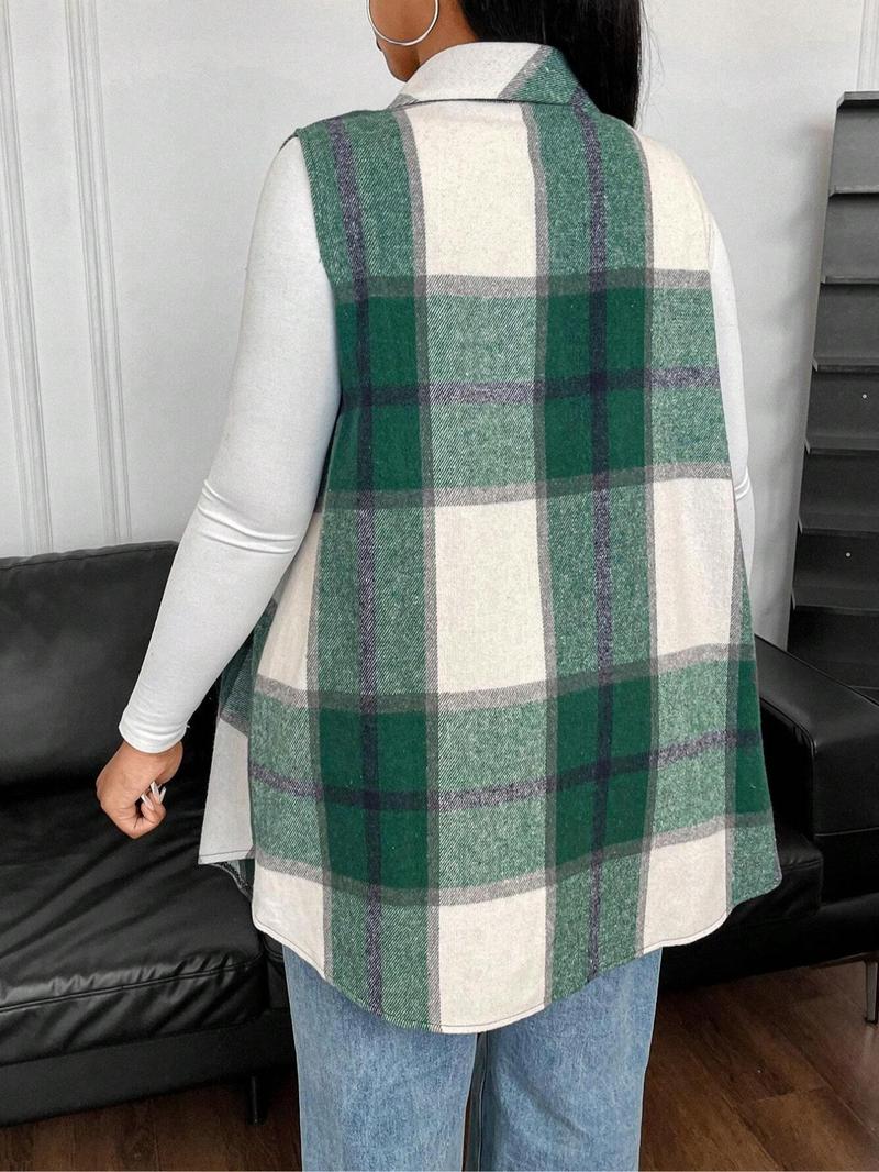Plus Size Women's Plaid Casual Notched Neck Vest Jacket (fake Pockets), Button Front, Fitted Sleeveless Design, Fall & Winter Fashion