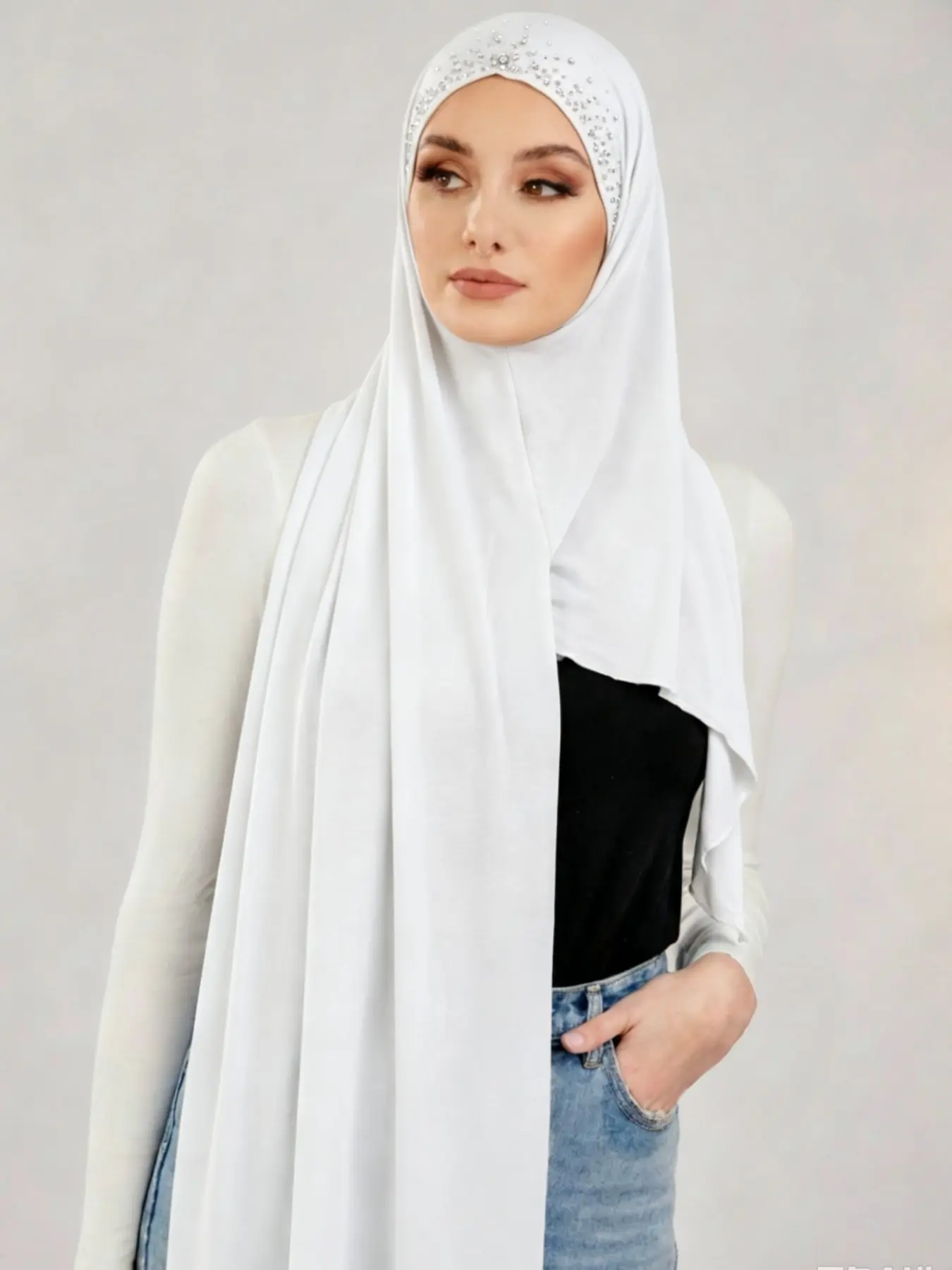 Women's Solid Color Soft Instant Hijab, Rhinestone Embellished Lazy Headscarf, Fashionable Elegant Ramadan Gift, All Seasons