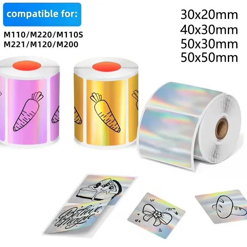 3 Rolls Laser Labels Direct Thermal Stickers, 30x20mm, 40x30mm, 50x30mm, 50x50mm, Print Labels for M110/m220/m100/m200 Printers, Holiday Gift Tags, Rainbow Holographic Stickers