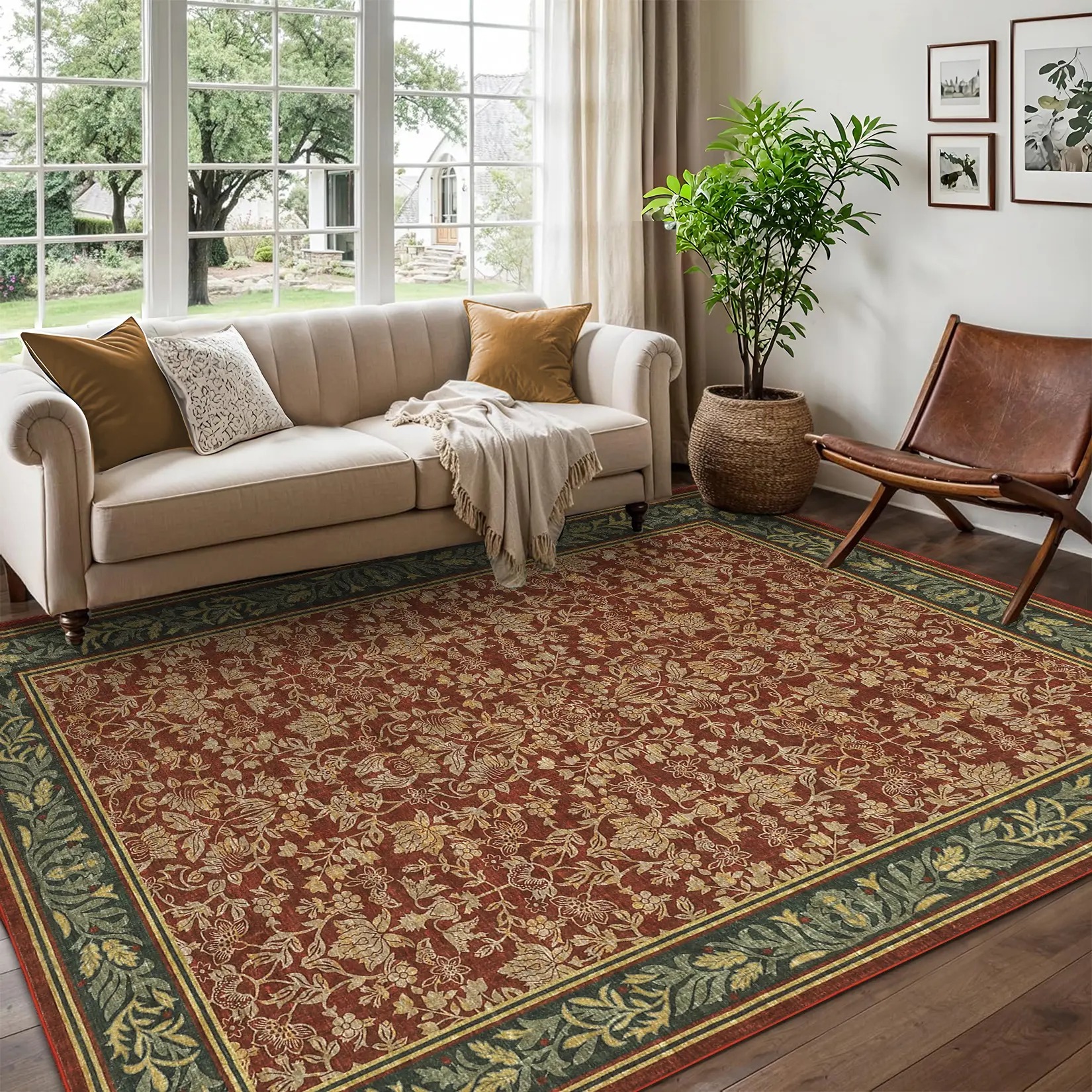 Floral Area Rugs for Living Room, Washable Non Slip Vintage Bedroom Rug, Large Low Pile Stain Resistant Accent Carpet for Farmhouse Dining Room, Oriental Home Decor Rug