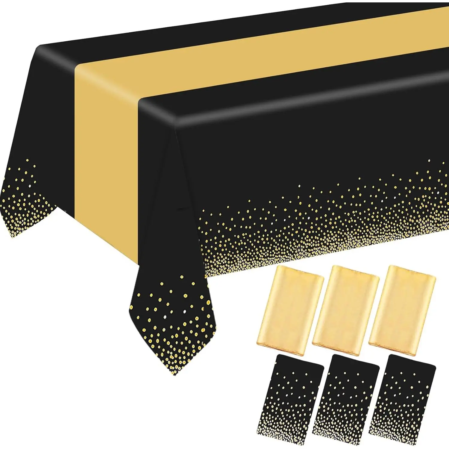 6 Pack Rectangle Plastic Dot Tablecloth Set, 54 X 108 Inch Plastic Table Cover, 12 x 108 Inch Satin Table Runners for Wedding Graduation Birthday  Year Party Decorations (Black, )