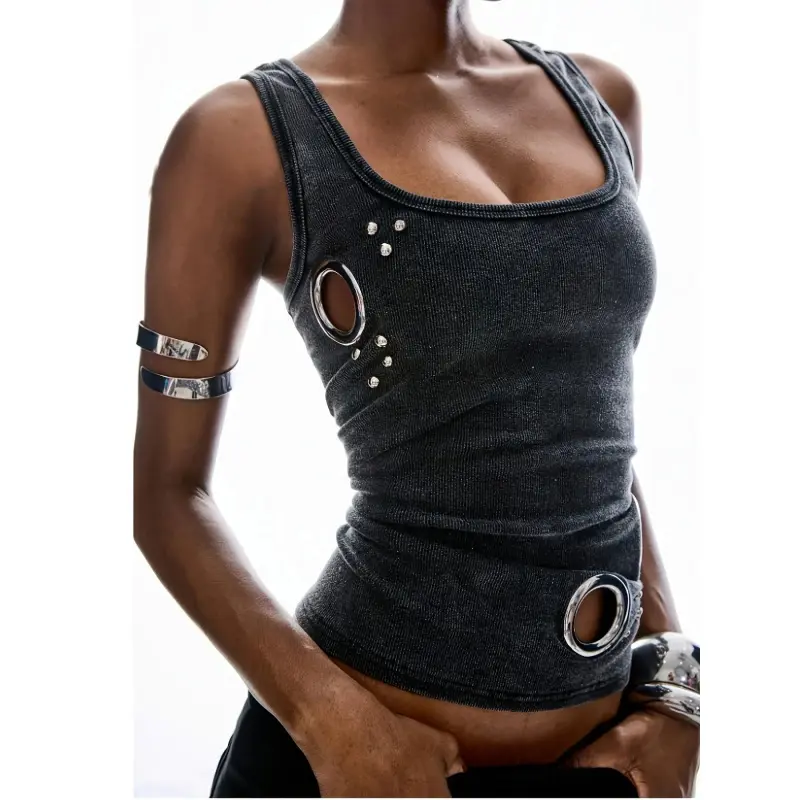 New Summer  Fashion Eyelet Slim-Fit Tank Top for Women  Polyester  Elastane Solid Color Sleeveless Square Neck Micro Elasticity- Fabric, Womenswear low cut air Longline Strappy Gym weighted vests wear crop