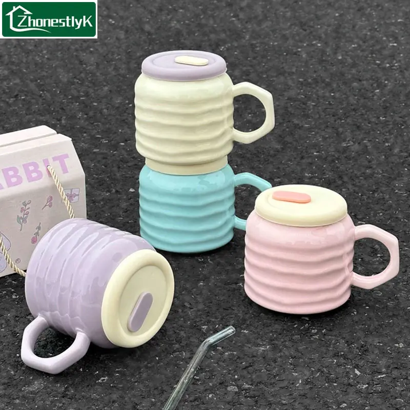 Korean Style Kawaii Ceramic Drinkware Straw Tumbler, 400ml Cappuccino Mug with Silicone Lid and Reusable Glass Straw, Creative Drinking Cup for Milk Juice