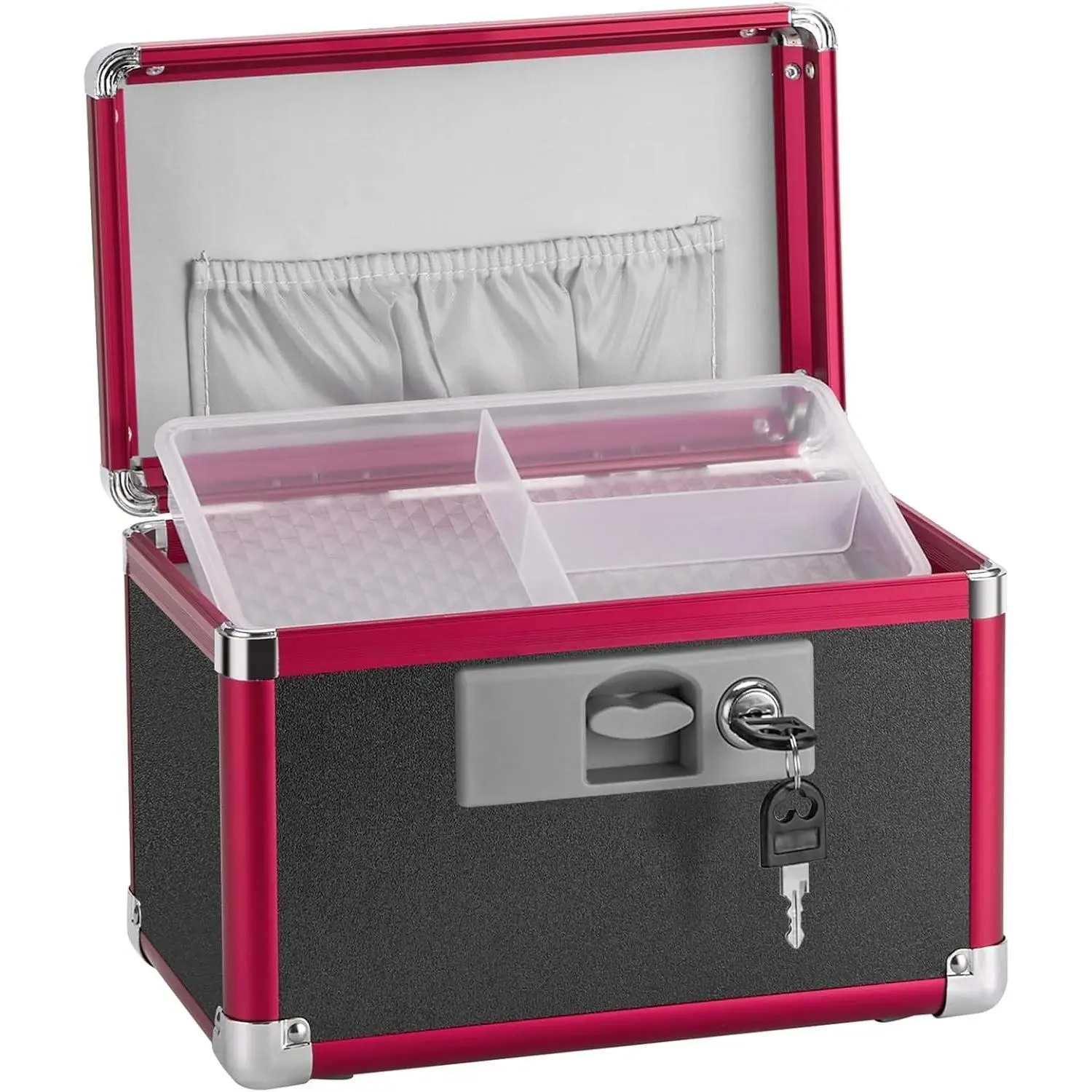 Compact Aluminum Body Childproof Lock Medication Box with Key (10"x6"x6.7"), Secure Portable Pill Organizer for Prescriptions & First Aid, Travel Home Safe, Black & Red