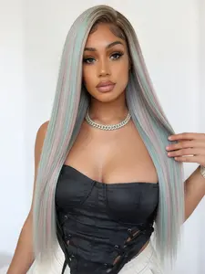 Pastel Blue Rainbow Wig, 3x4 Lace Front Wig, Sleek & Silky Long Straight Wig with Pre-Plucked Hairline, Heat Resistant Synthetic Fiber Wig, Premium synthetic hair, HD Transparent Lace Frontal Wig for Music Festivals, Cosplay