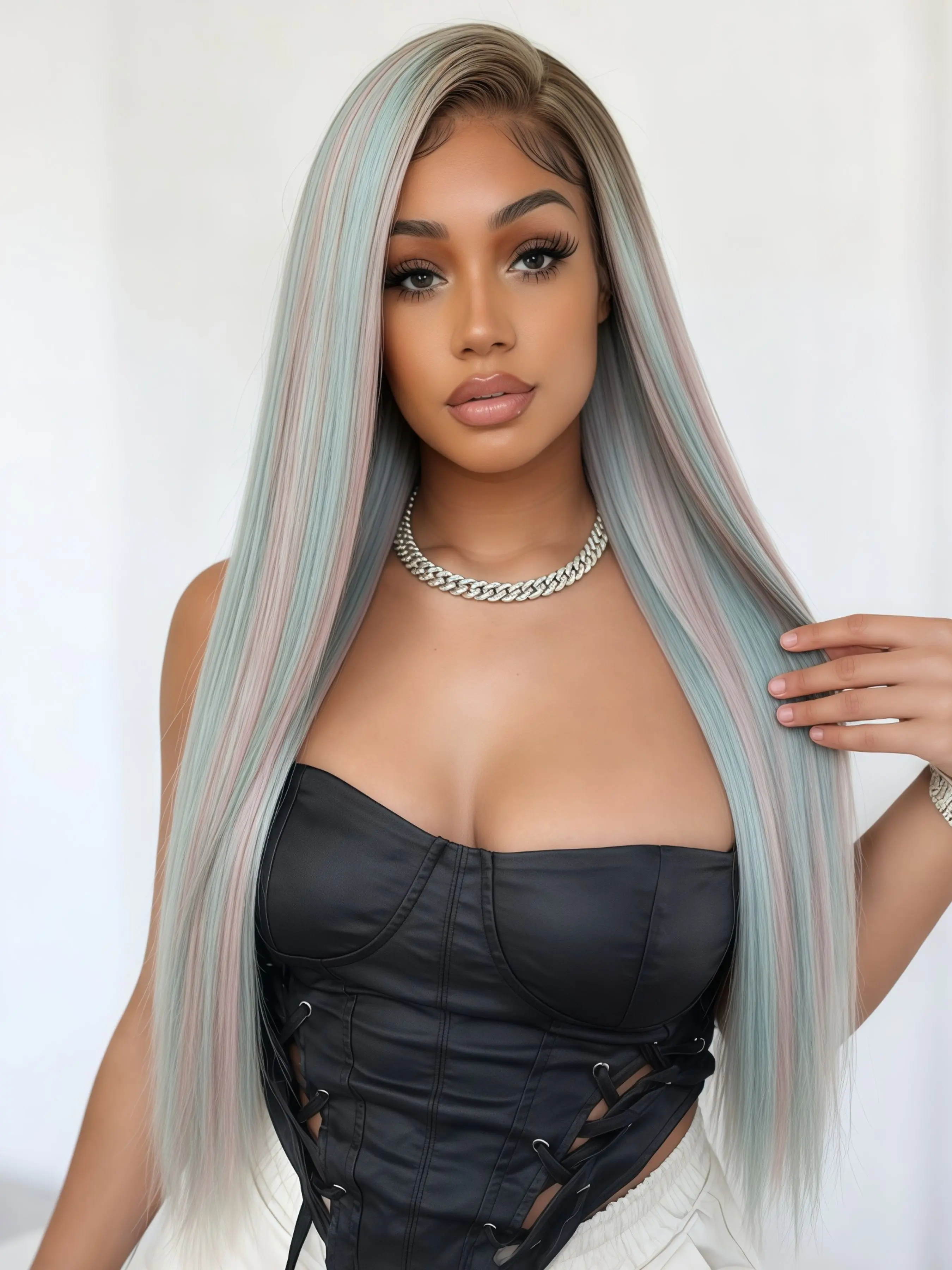 Pastel Blue Rainbow Wig, 3x4 Lace Front Wig, Sleek & Silky Long Straight Wig with Pre-Plucked Hairline, Heat Resistant Synthetic Fiber Wig, Premium synthetic hair, HD Transparent Lace Frontal Wig for Music Festivals, Cosplay