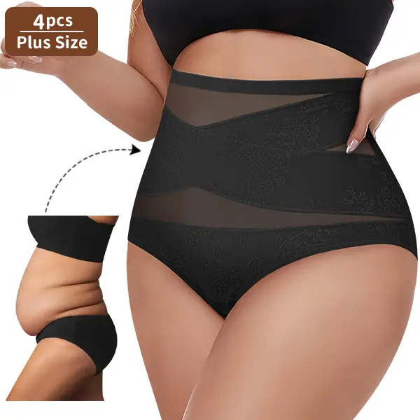 QUASTI 4Pcs Plus Size High Waist Cross Shaping Underwear, Non-Roll Full Coverage Embossed Floral Butt Lift Panties for Curvy Bodies 1XL-4XL