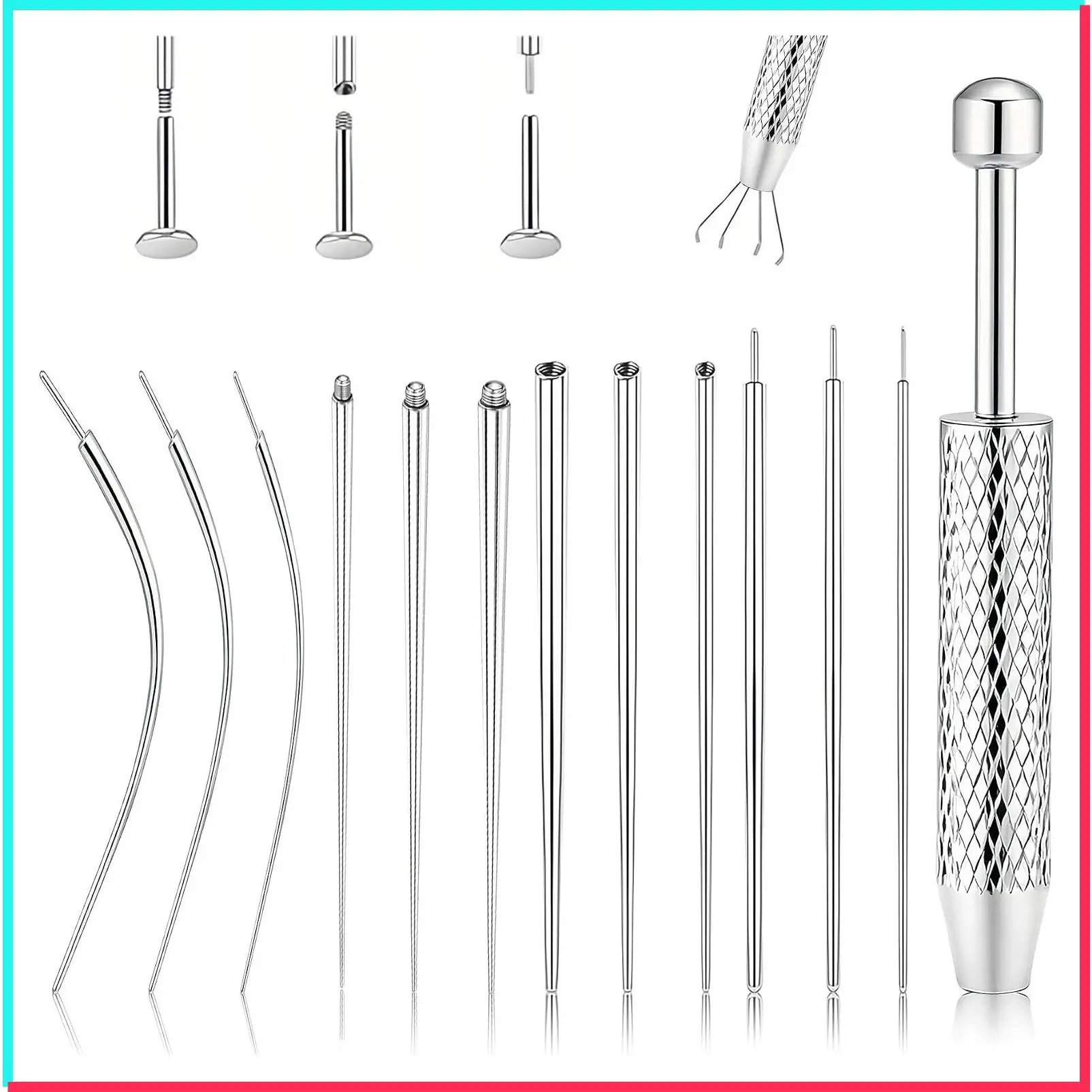 Stainless Steel Body Piercing Tool Kit with Tapered Ball Grabber and Flat Back Earring Applicator, 14G-20G Internal & External Threaded Insertion Needles for Ear Nose Navel Nipple Lip Eyebrow Tongue Jewelry Replacement