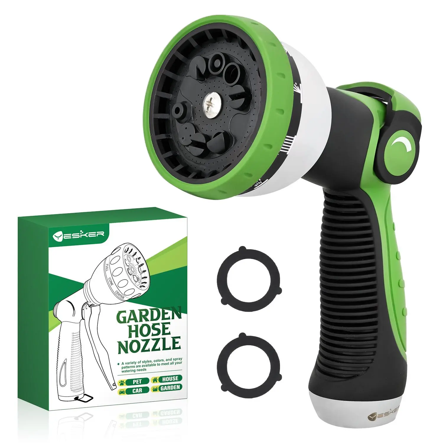 Yesker Garden Hose Nozzle Water Hose Sprayer Nozzle Adjustable 10 Spray Patterns Heavy Duty Metal Nozzles Thumb Control w Non-Slip Grip for Outdoor Watering Plants Lawn Washing Car Pets, Black & Green fathersdaygift