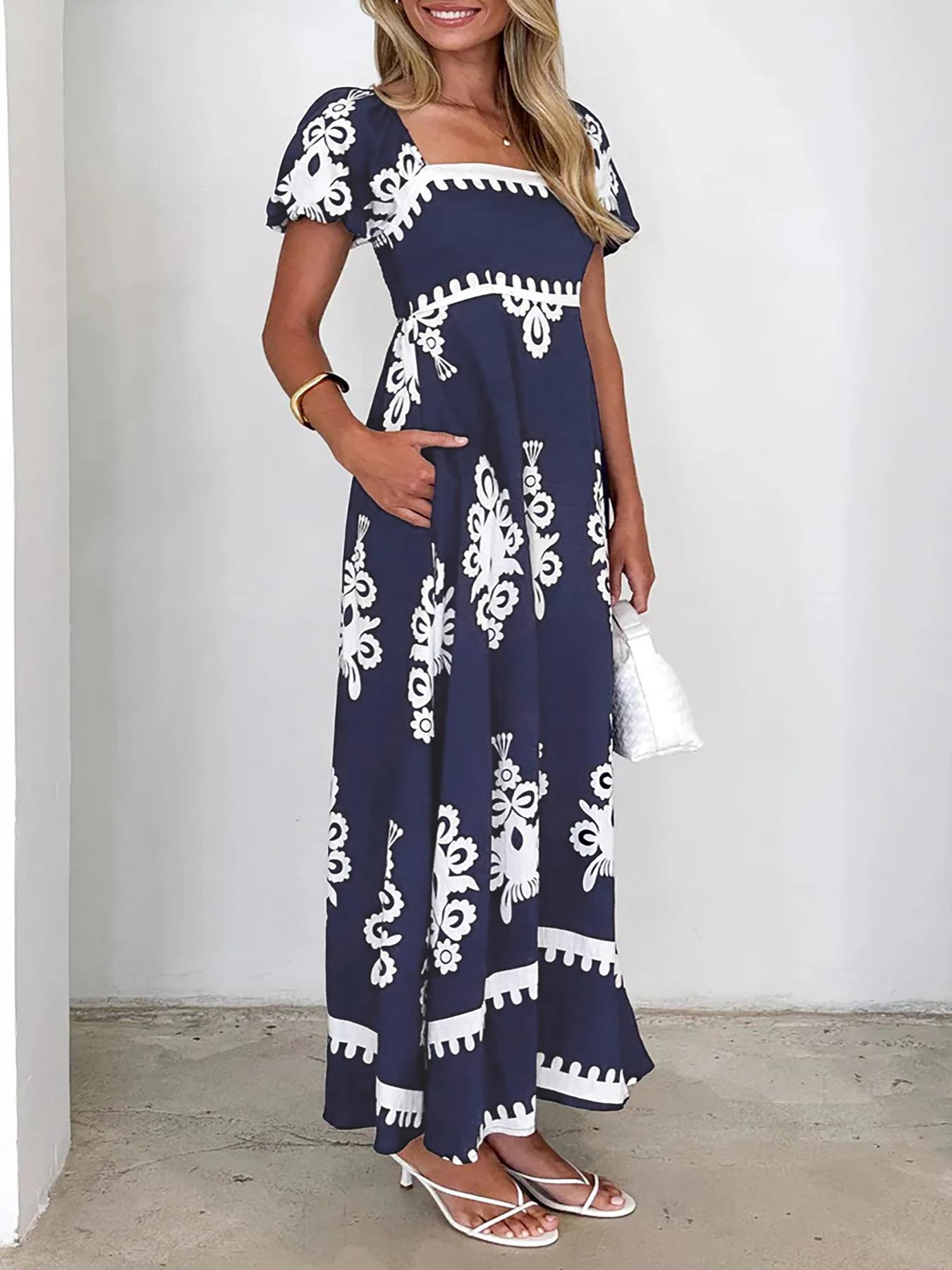 Women's Pocket Square Neck Dress, Bohemian Fashion Casual Short Sleeve Long Dress for Daily Holiday Vacation Wear, Ladies Dress for Summer, Classy Modest Dresses, Womenswear, Boho Chic Dress, Bohemian Print Dresses